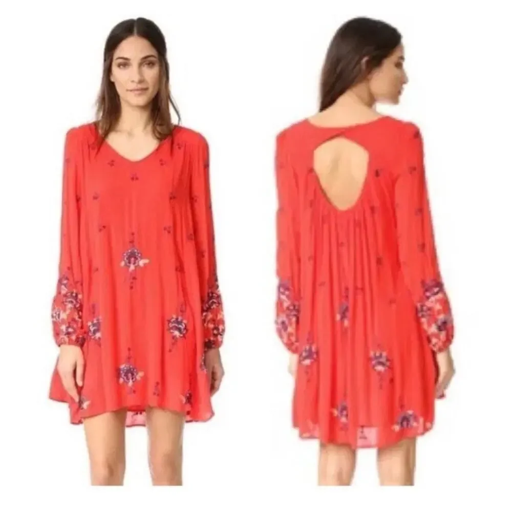 FREE PEOPLE Oxford Embroidered Mini Dress in Coral Red  // S
